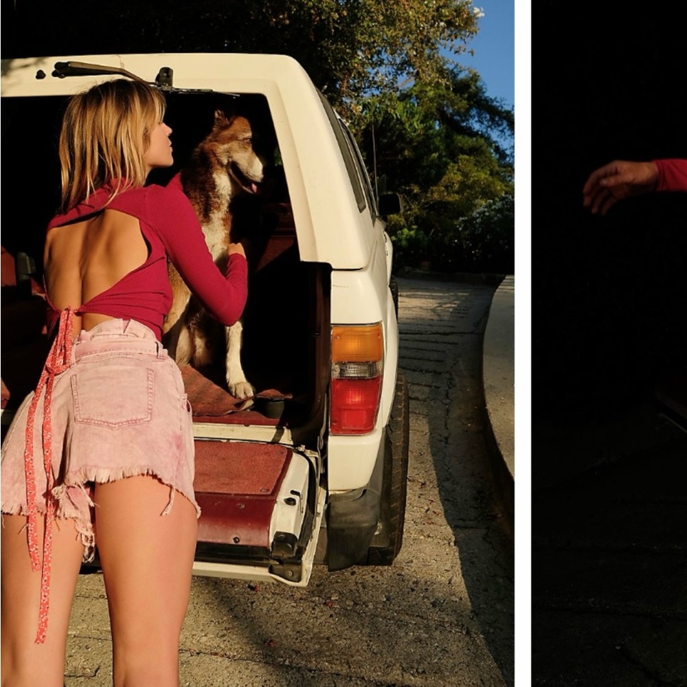 Free People Ribbed Magenta Top with Tie Detail